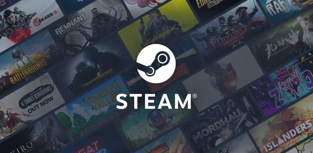 Steam-Logo mit PC-Spielen im Hintergrund