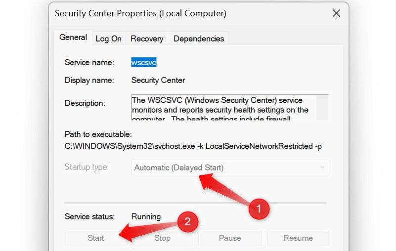 Changing the properties of a service in the services app on Windows.