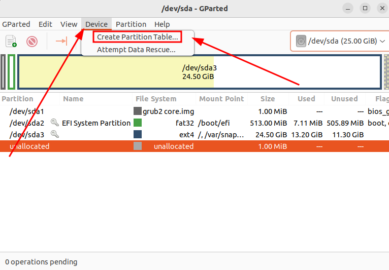 GParted interface showcasing the process of creating a partition table on a disk