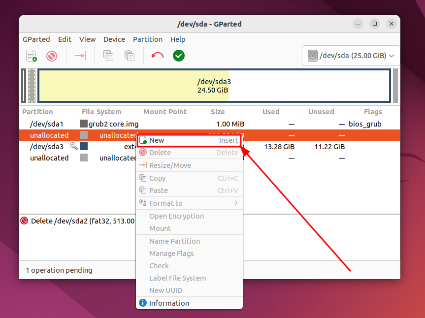 The GParted interface displaying the process of creating a new partition from an unallocated space on Ubuntu