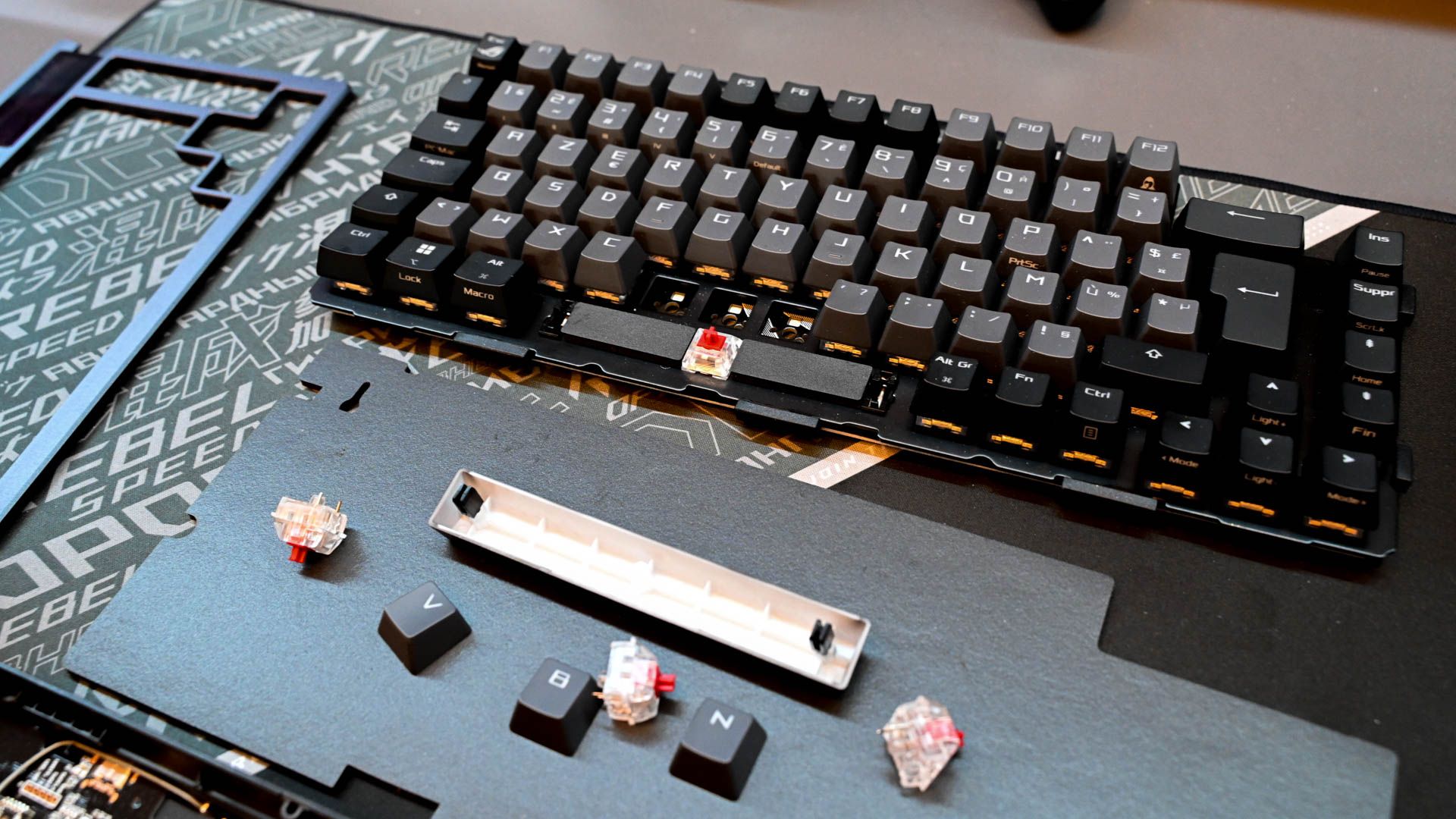 A few keys removed from a keyboard.