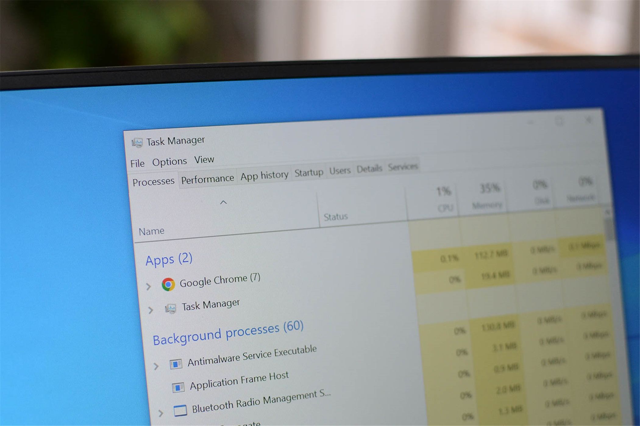 Task Manager open on Windows 10. It can be used to launch PowerShell.