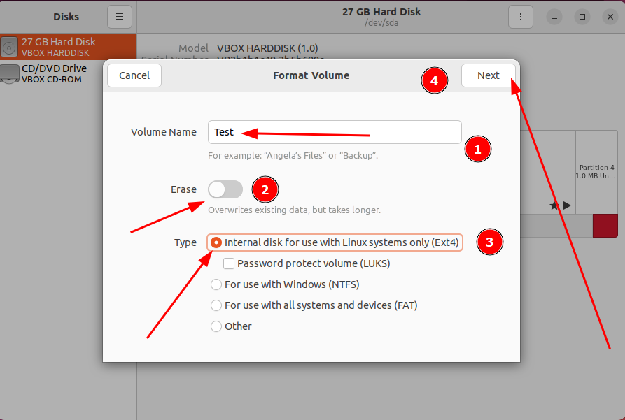 The 'Format Volume' window on the Disks utility containing several options about disk formatting