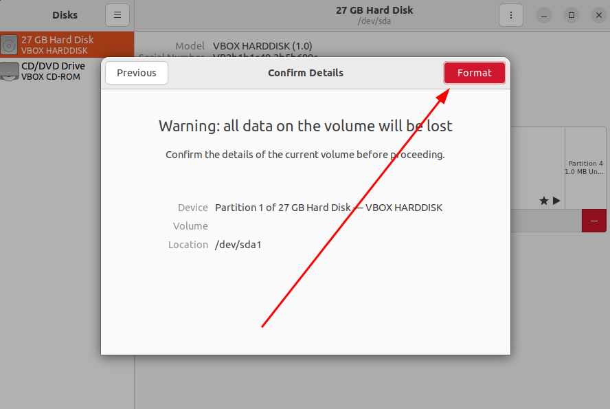 The final confirmation window in Ubuntu's Disks utility prompting the user to confirm formatting details before proceeding