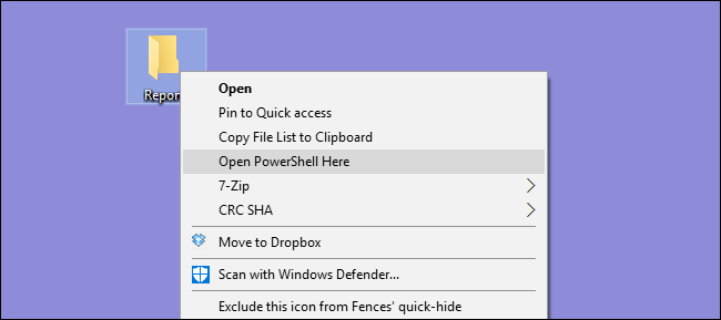 The "Open PowerShell Here" option in the context menu.