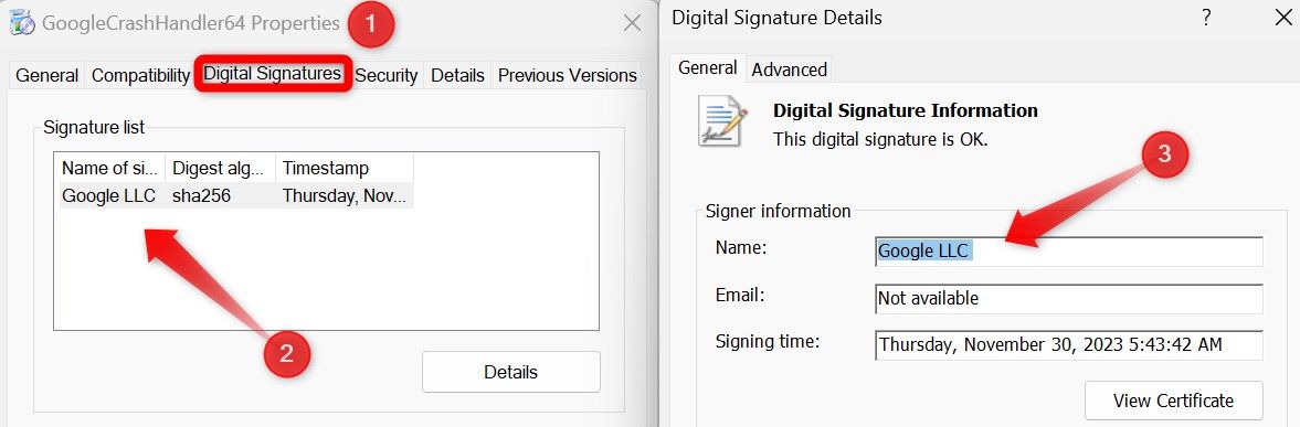 Checking the Signature details of a process in the Windows Task Manager.