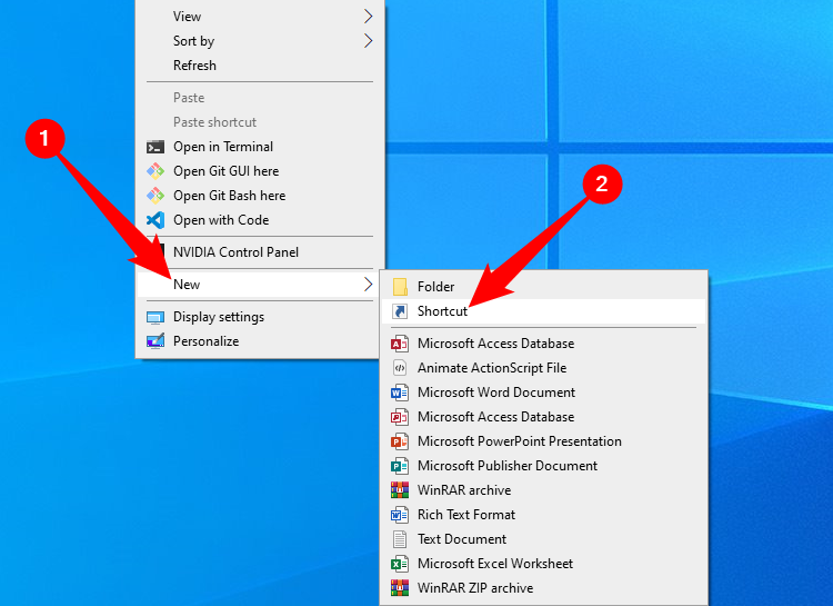 Right-click empty space on your desktop, then go to New > Shortcut.