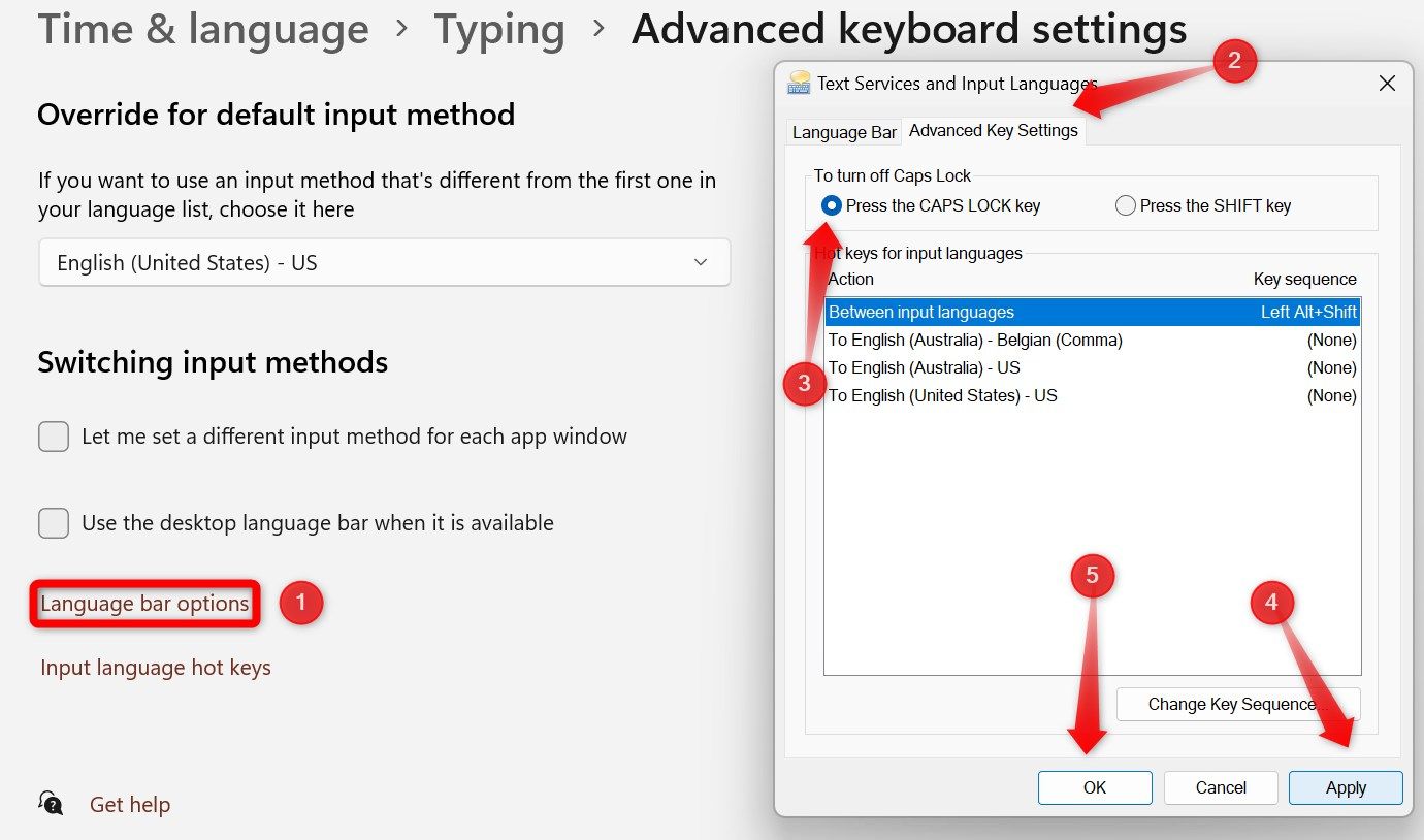 Changing the key that turns off the Caps Lock in the advanced keyboard settings on Windows.