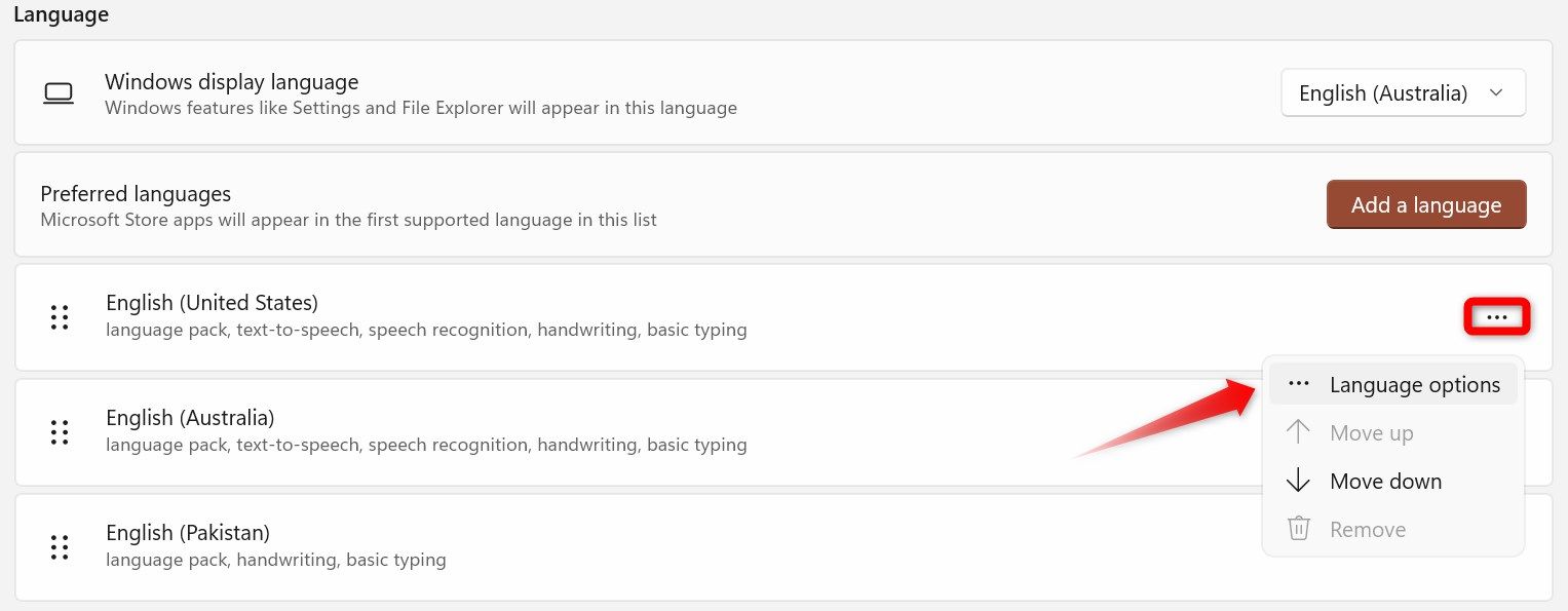 Opening the language options settings of a preferred language in the Windows Settings app.