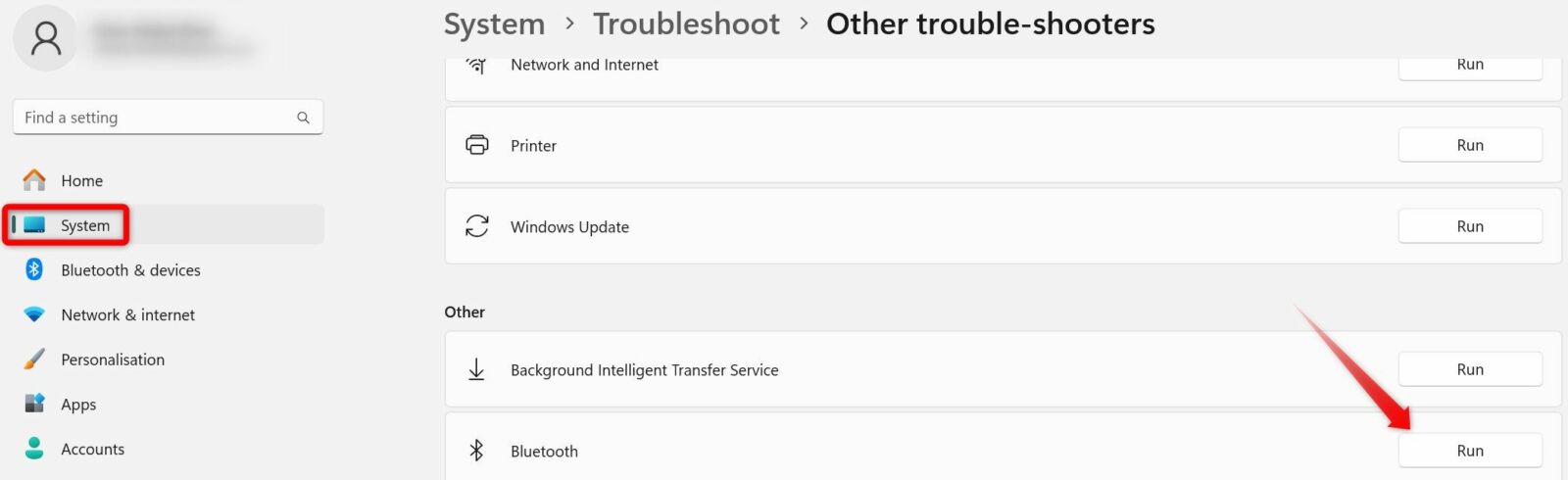 Running the Bluetooth troubleshooter from the Windows Settings app.