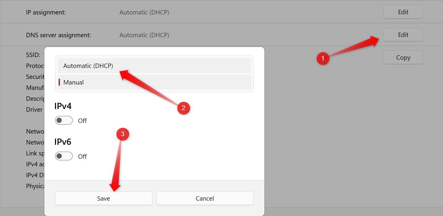 Settings the DNS server assignment to automatic in the Windows Settings app.