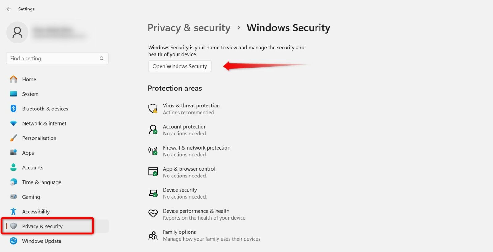 Opening the Windows Security app from Windows Settings.