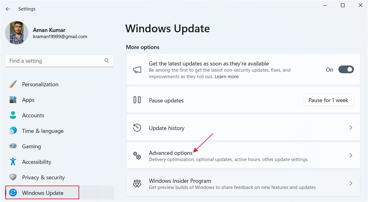 Advanced Options in the Windows Settings app.