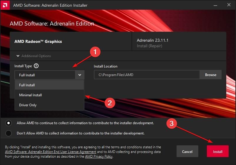 AMD softare adrenaline edition setup wizard showing additional options for install type