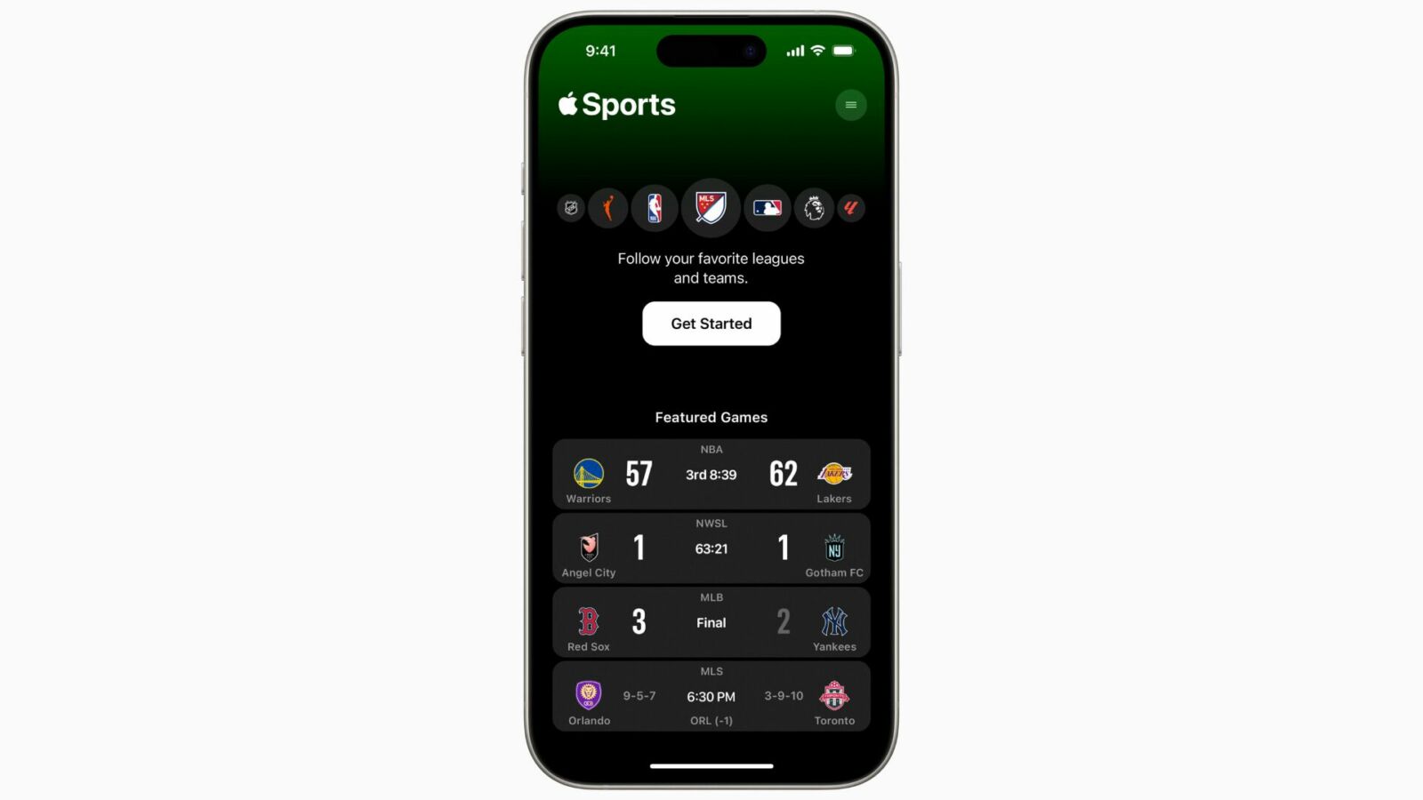 Apple Sports app start screen.