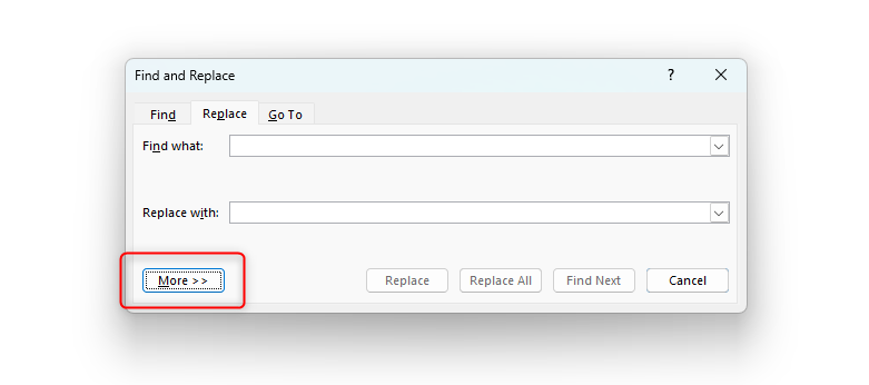 Word document showing the 'Find And Replace' window, and the 'More' option highlighted.