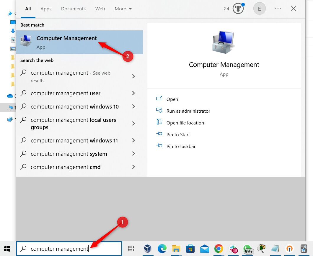 Windows search bar with results for Computer Management
