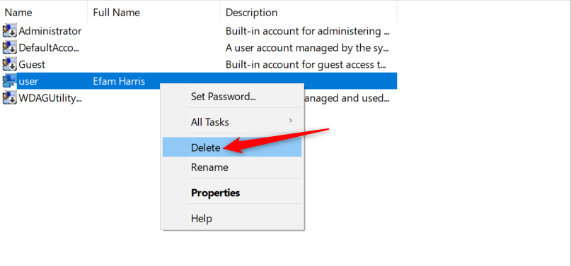 Deleting a user account in Computer Management