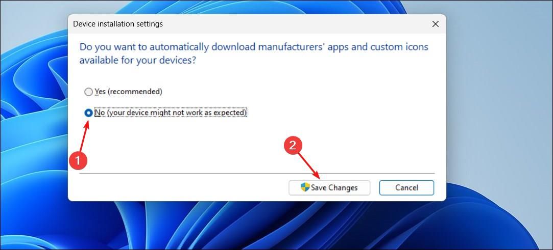 Device Installation settings dialog with the No option selected in Windows 11