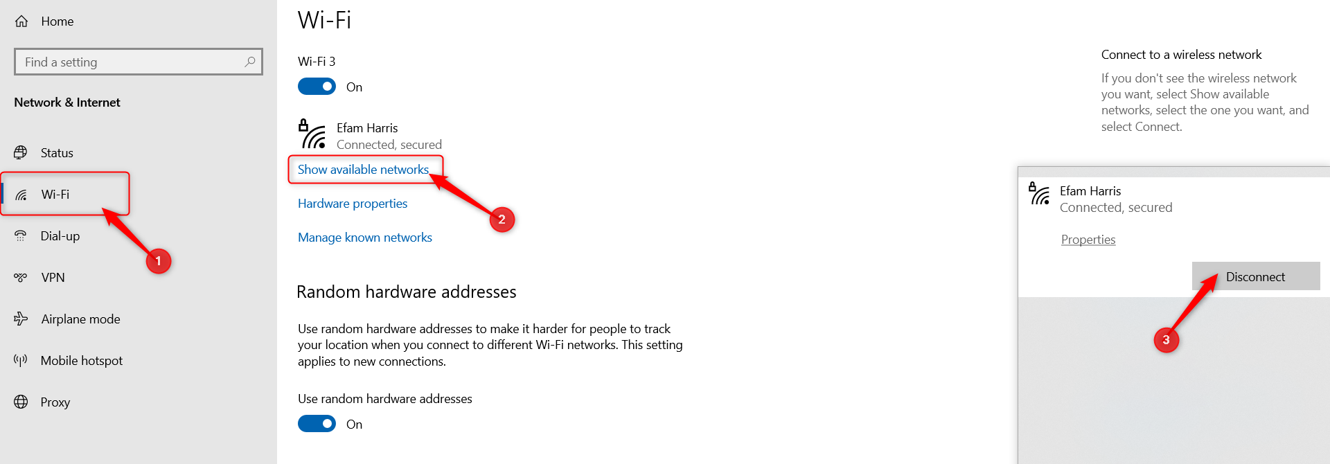 Disconnecting wireless network in network and internet settings on Windows 10