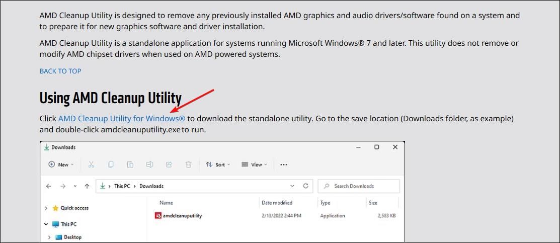 Download page for AMD Cleanup Utility