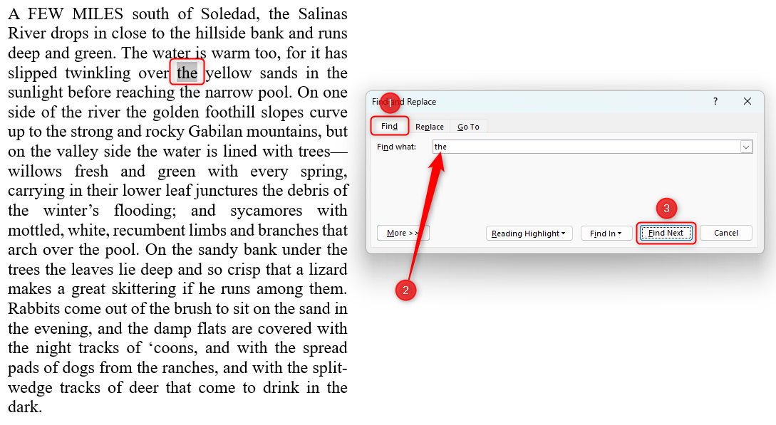 Word document showing the word 'the' typed into the Find What box in the 'Find' tab, the 'Find Next' option highlighted, and the result showing in the document text.