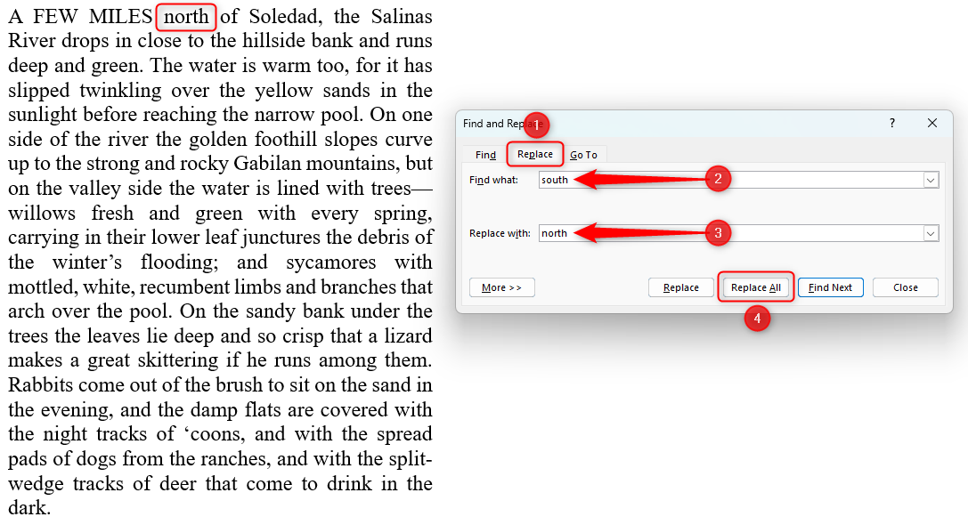 Word document showing the word 'south' typed into the Find What box and 'north' typed into the Replace With box in the 'Replace' tab. The 'Replace All' option is highlighted, and the result is showing in the document text.