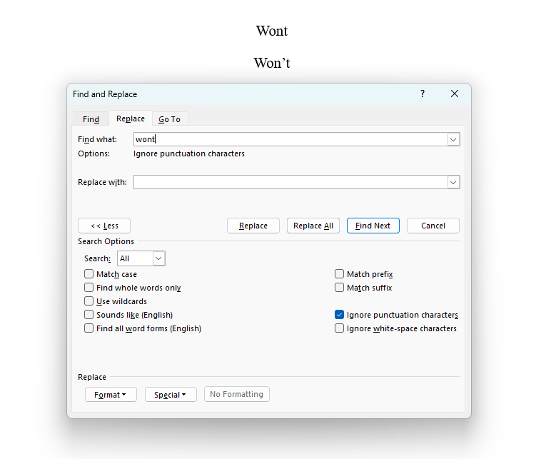 Word document showing the 'Ignore Punctuation' box checked in the 'Find And Replace' window, with 'wont' typed into the 'Find What' box.