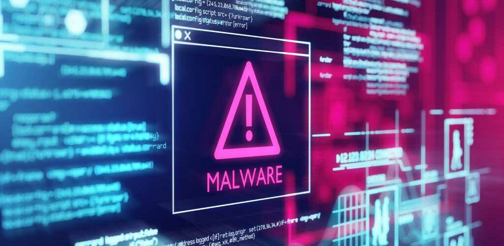 Malware-Warnhinweis umgeben von Code-Schnipseln