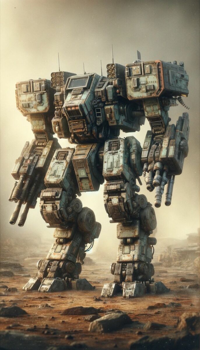 A gritty giant mech artwork generated by DALL-E 3