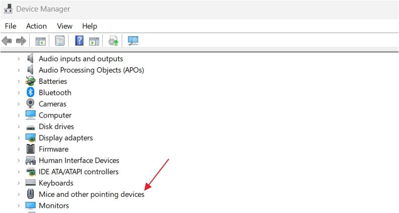 Mice and Other Pointing Devices category in the Device Manager.