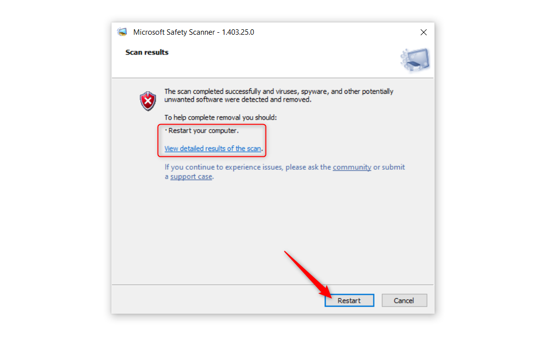 Microsoft Safety Scan completed with results