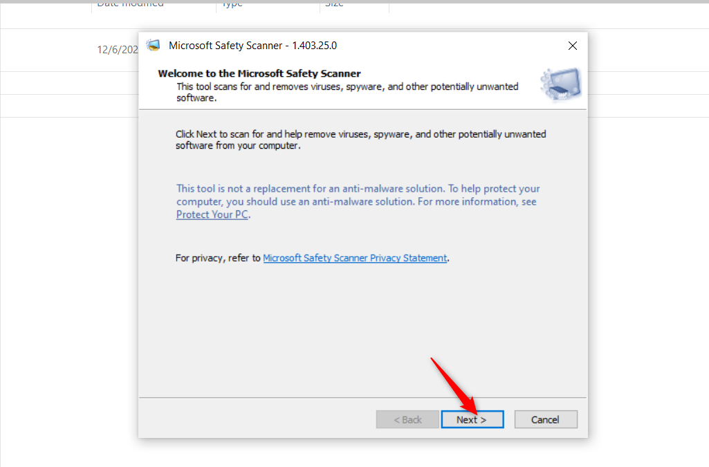 Microsoft Safety Scanner welcome page