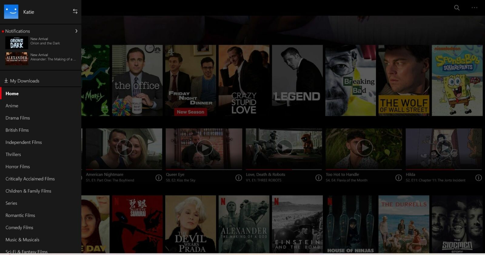 Screenshot of Netflix's desktop main page menu list.