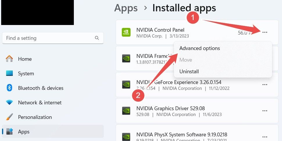 Clicking 'Advanced Options' in the menu for NVIDIA Control Panel in the Installed Apps page in Settings