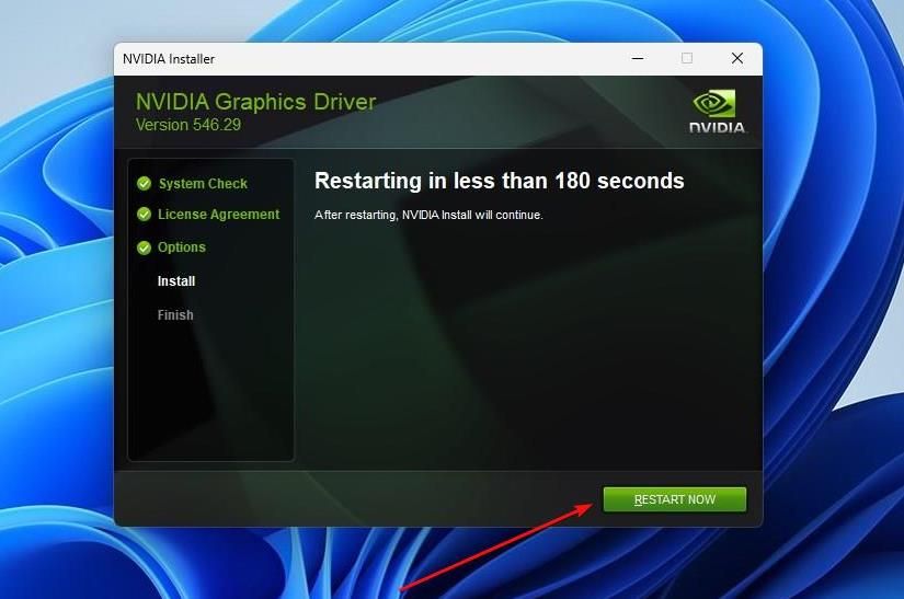 Nvidia Graphics driver installer prompt with the Restart Now button visible