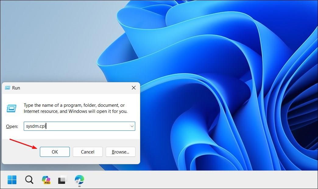 Windows 11 Run dialog with Sysdm.cpl command