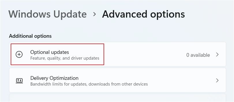 Optional Updates option in the Windows Settings app.