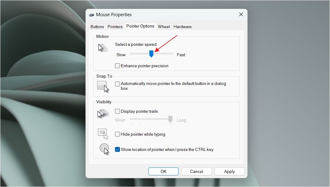 Pointer Speed slider in the Mouse Properties window.