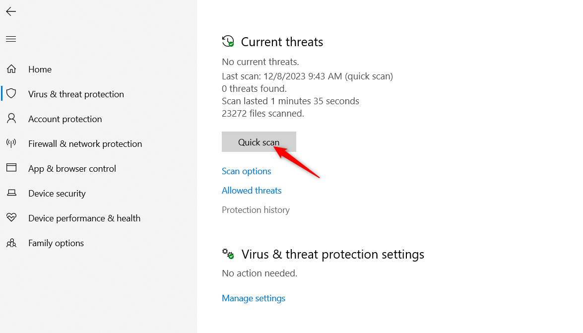 Quick Scan button on Microsoft Defender