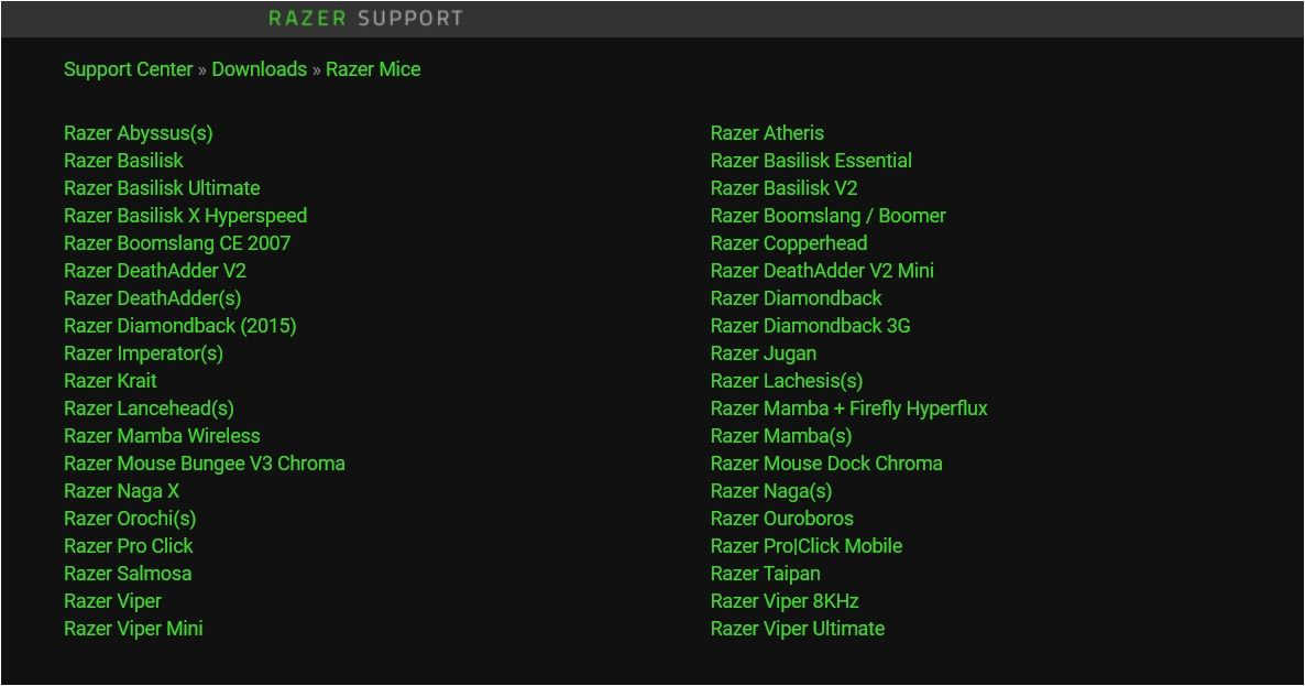 Razer Mouse driver download page.