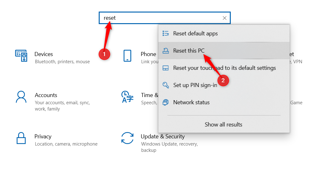 'Reset' typed in search bar returns 'Reset this PC' option