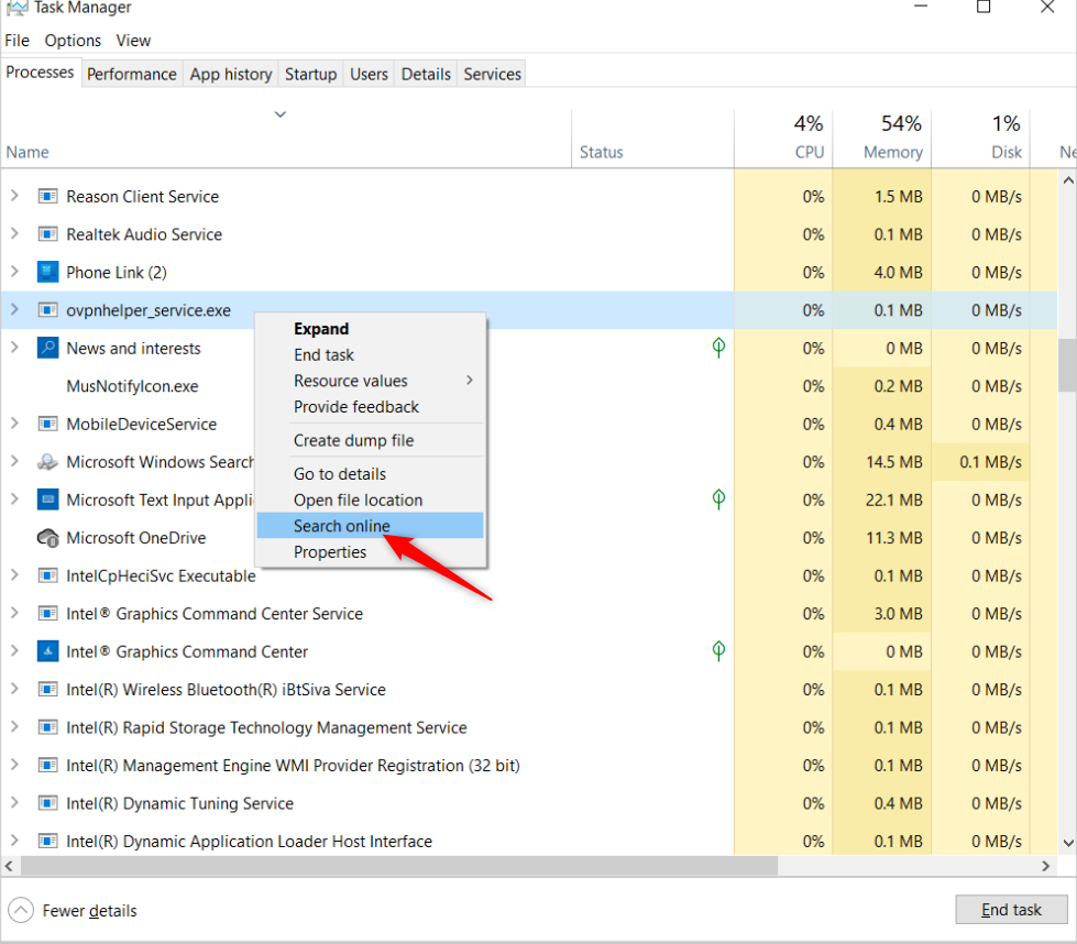 'Search online' tool in Task Manager