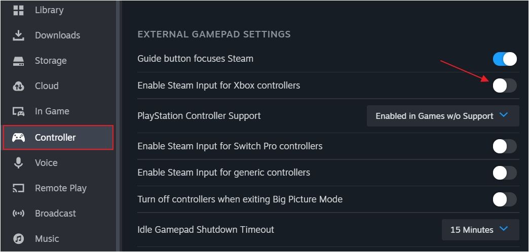 Steam Input for Xbox controllers option in the Steam Settings.