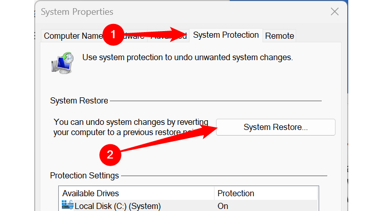 Click on the 'System Protection' tab, then select 'System Restore.'