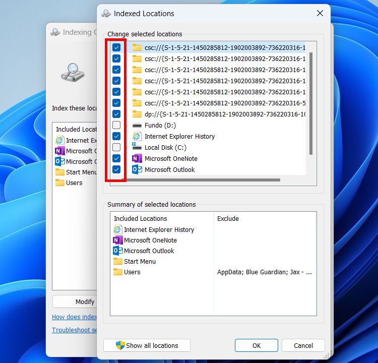 Ticking folders in Indexing Options on Windows.