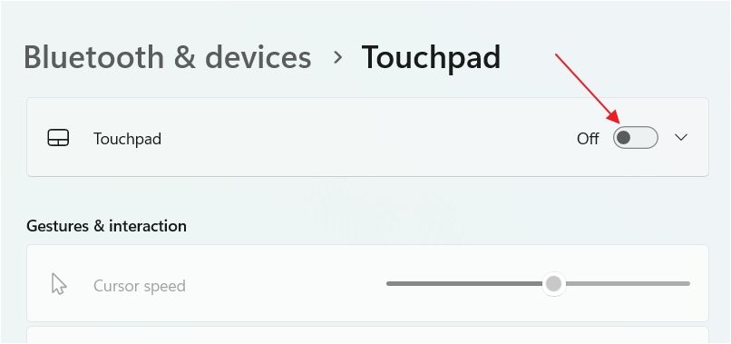 Touchpad toggle in the Settings app.