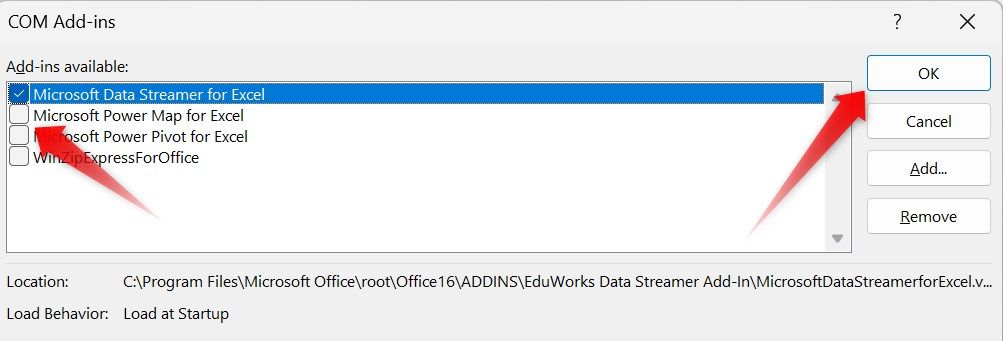 Disabling a COM add-in in Microsoft Excel.