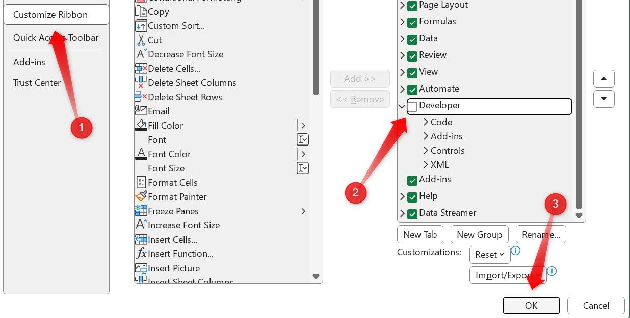 Disabling the developer tab in Microsoft Excel.