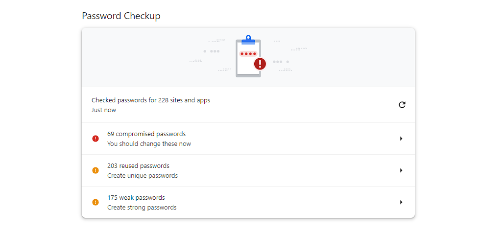 The Google Password Checkup tool showing 69 compromised passwords.